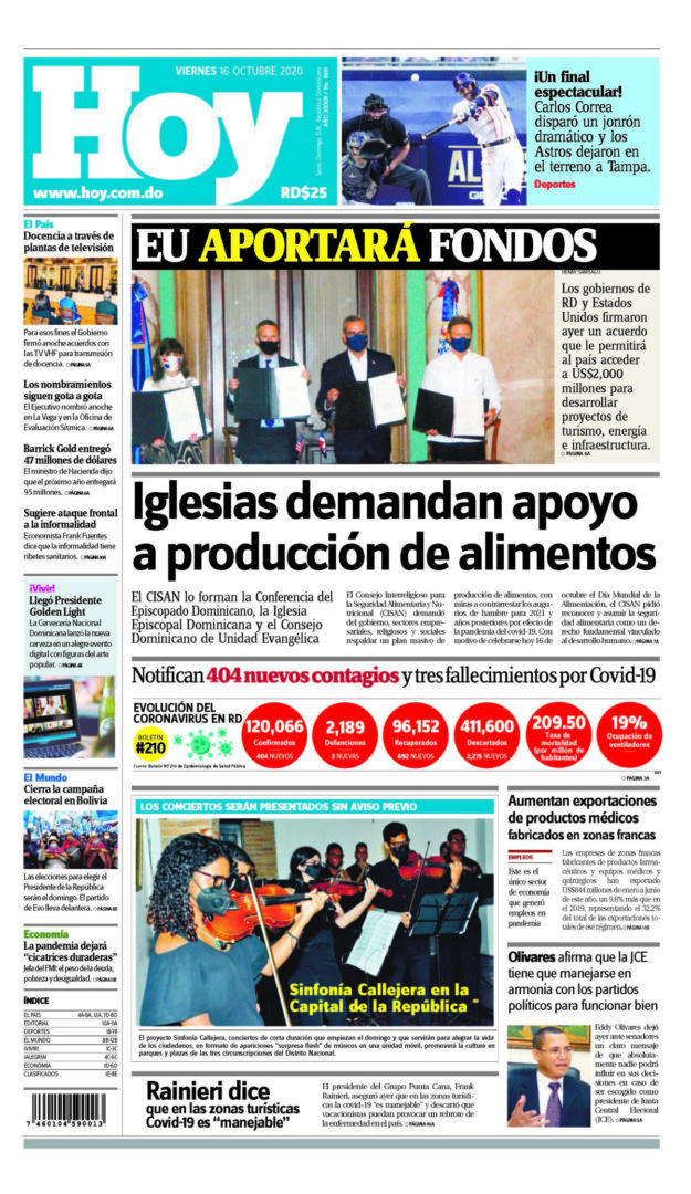 Portada Periódico Hoy, Viernes 16 de Octubre, 2020