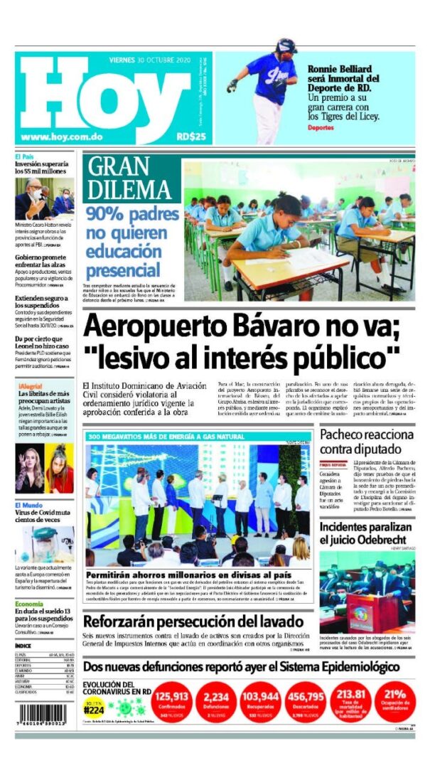 Portada Periódico Hoy, Viernes 30 de Octubre, 2020