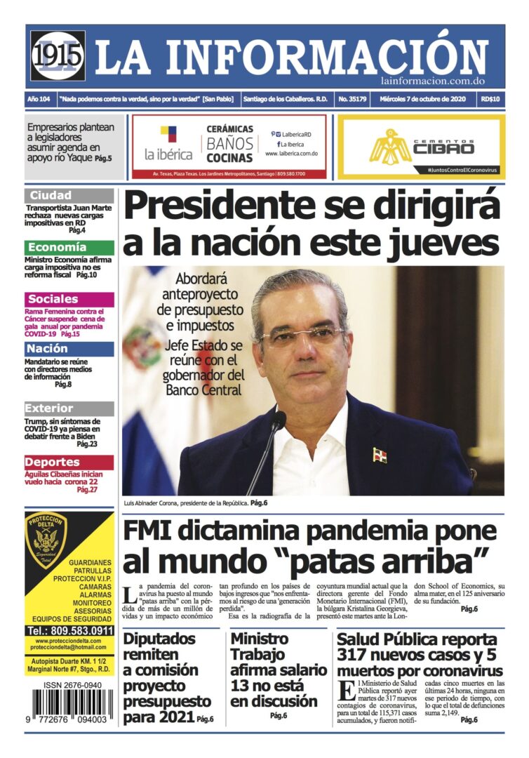 Portada Periódico La Información, Jueves 08 de Octubre, 2020