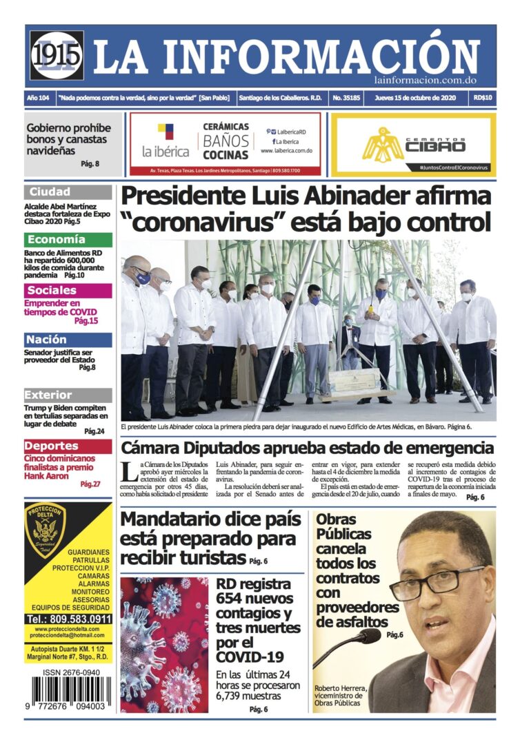 Portada Periódico La Información, Jueves 15 de Octubre, 2020