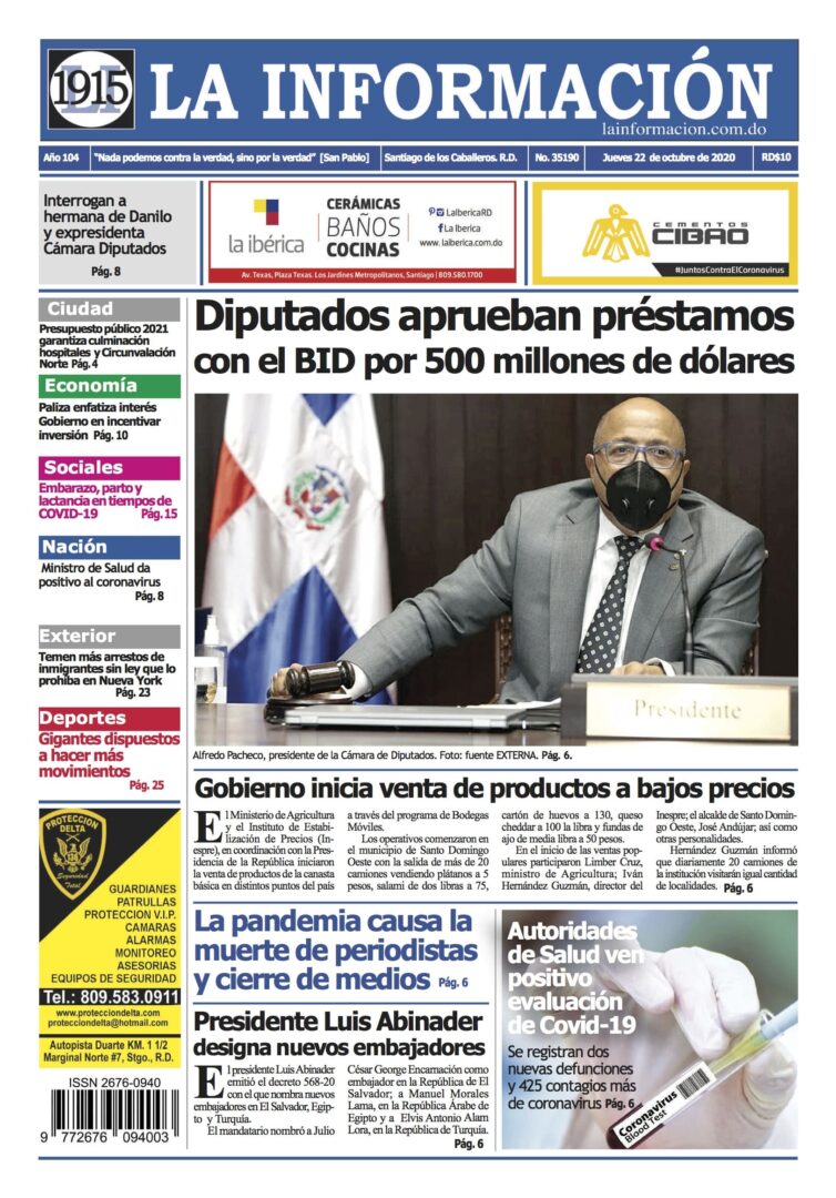 Portada Periódico La Información, Jueves 22 de Octubre, 2020