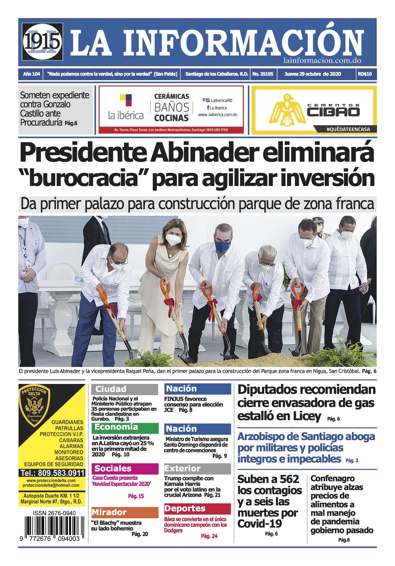 Portada Periódico La Información, Jueves 29 de Octubre, 2020
