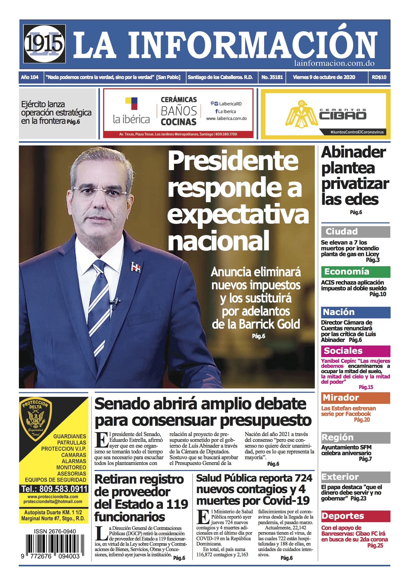 Portada Periódico La Información, Lunes 12 de Octubre, 2020