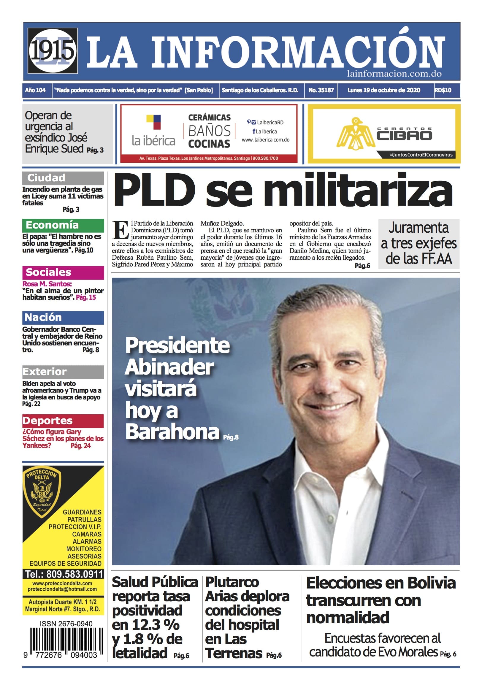 Portada Periódico La Información, Lunes 19 de Octubre, 2020