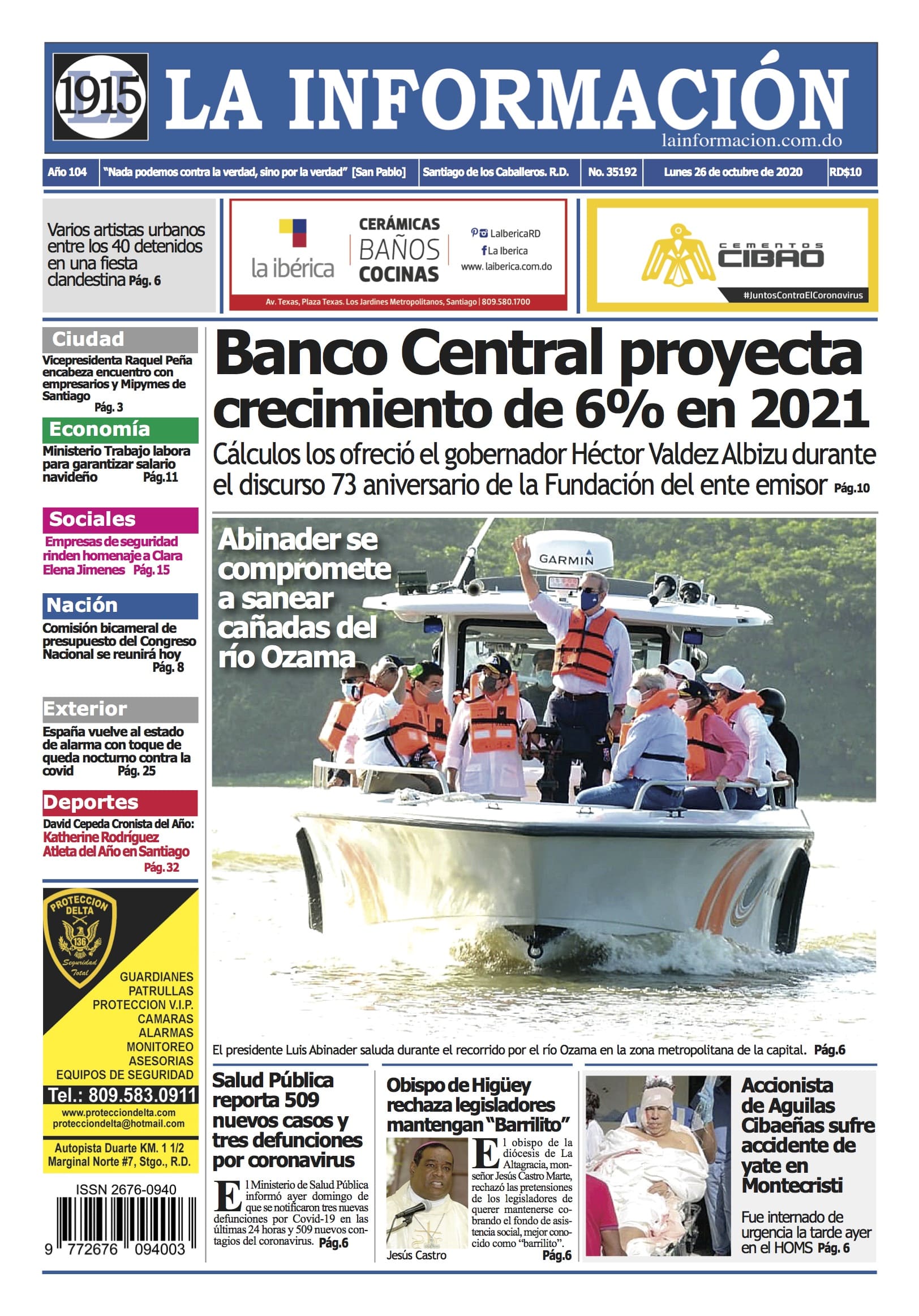 Portada Periódico La Información, Lunes 26 de Octubre, 2020