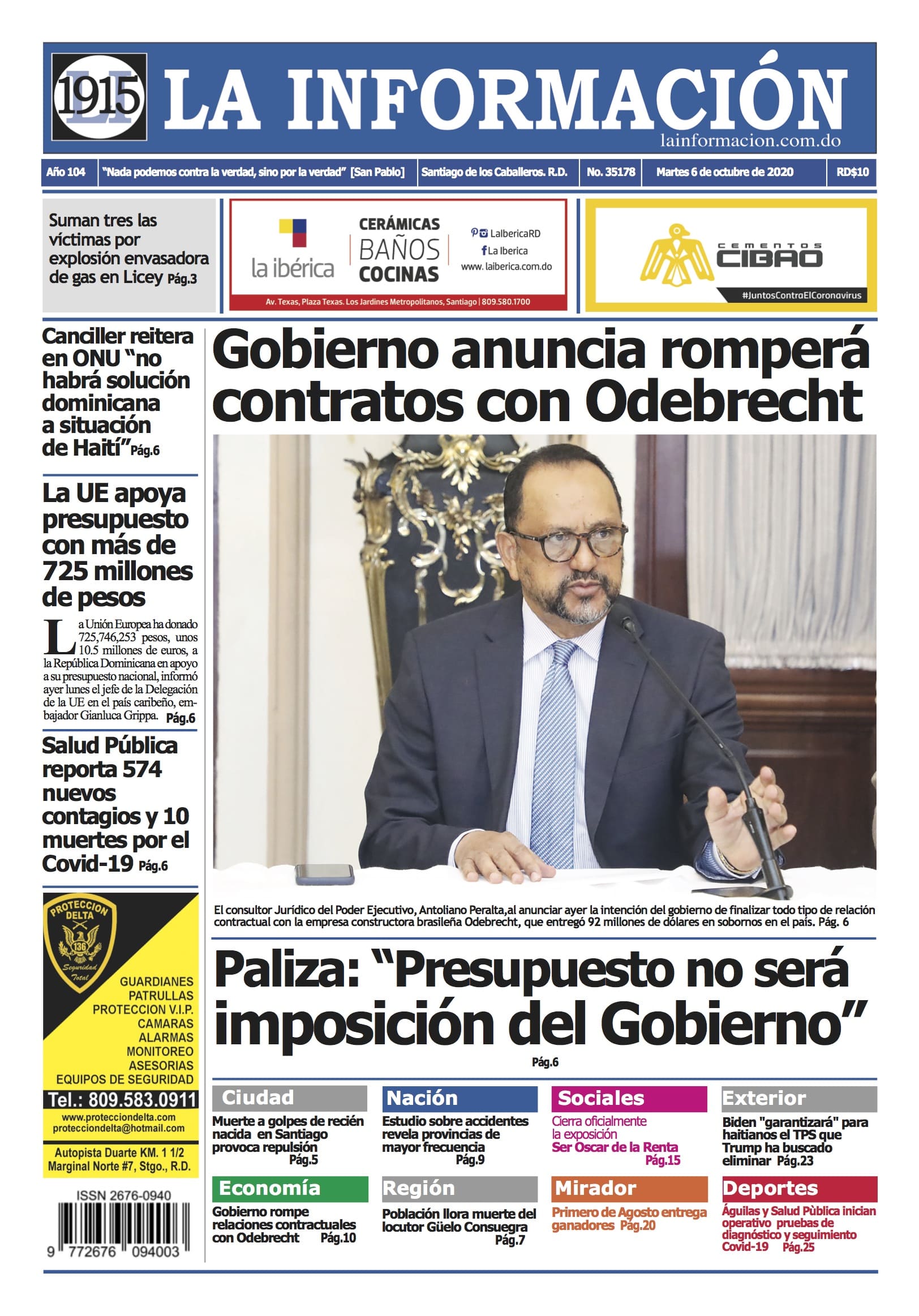 Portada Periódico La Información, Martes 06 de Octubre, 2020