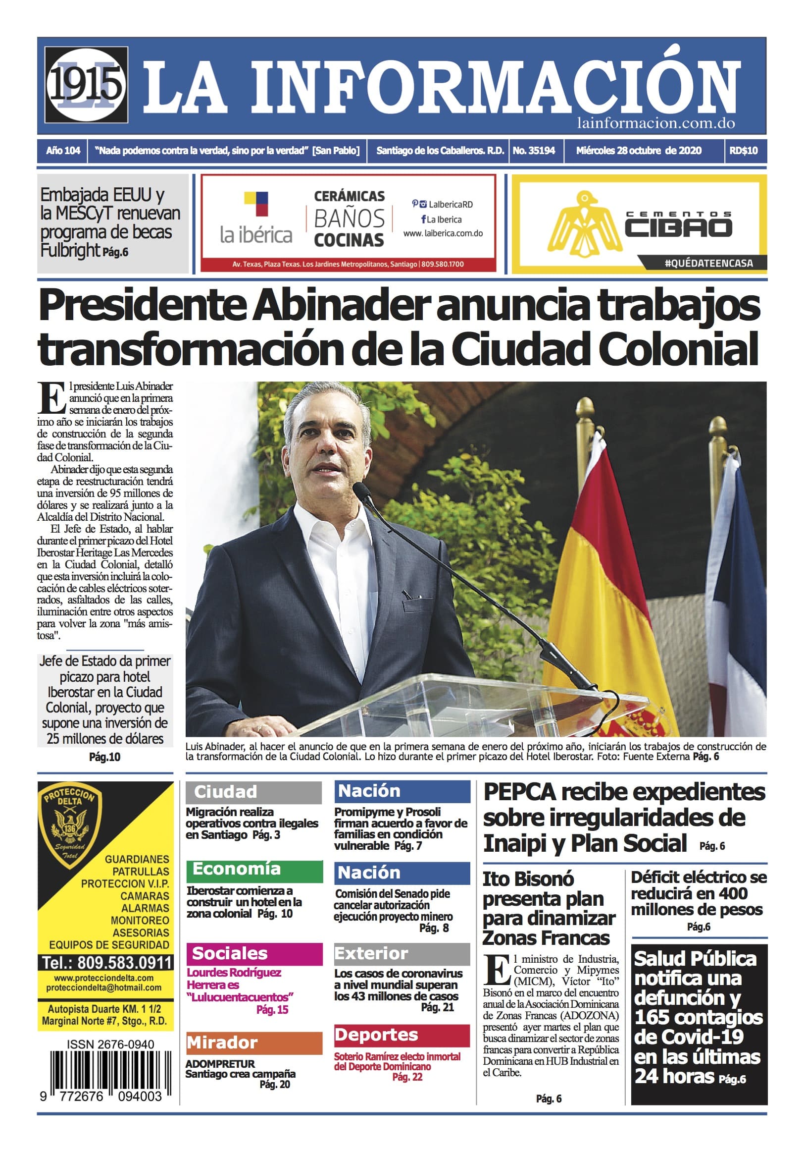 Portada Periódico La Información, Miércoles 28 de Octubre, 2020