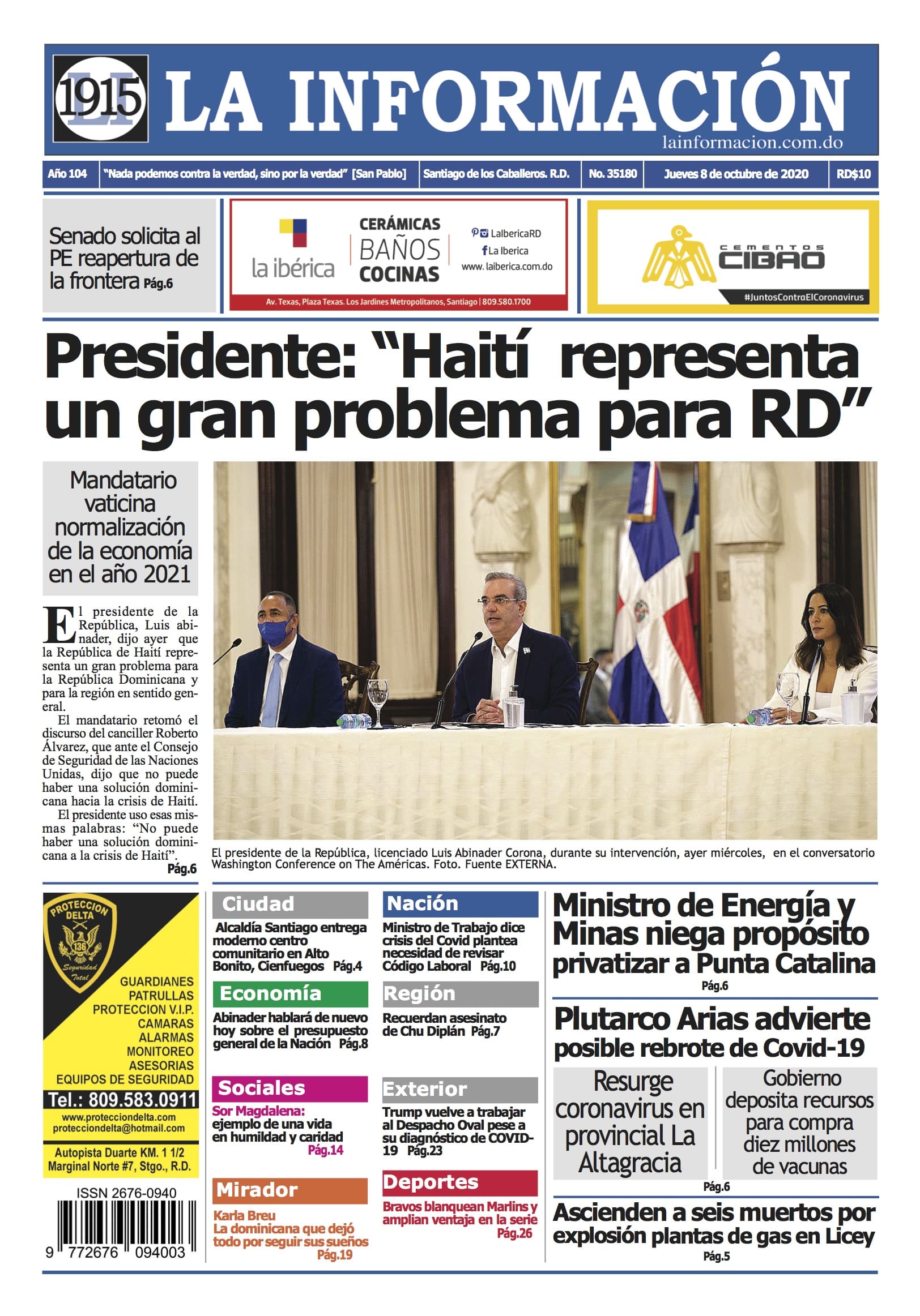 Portada Periódico La Información, Viernes 09 de Octubre, 2020