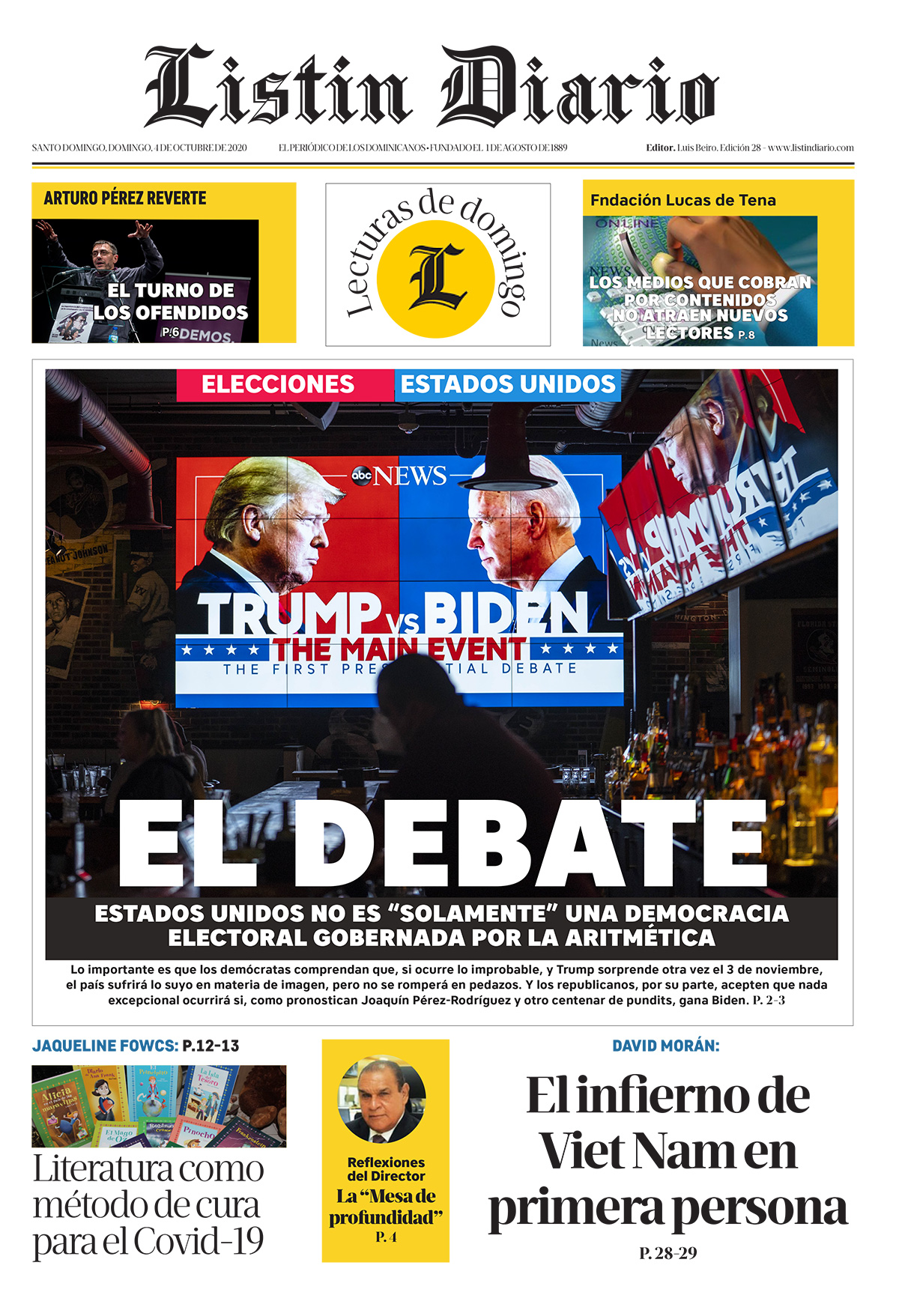 Portada Periódico Listín Diario, Domingo 04 de Octubre, 2020
