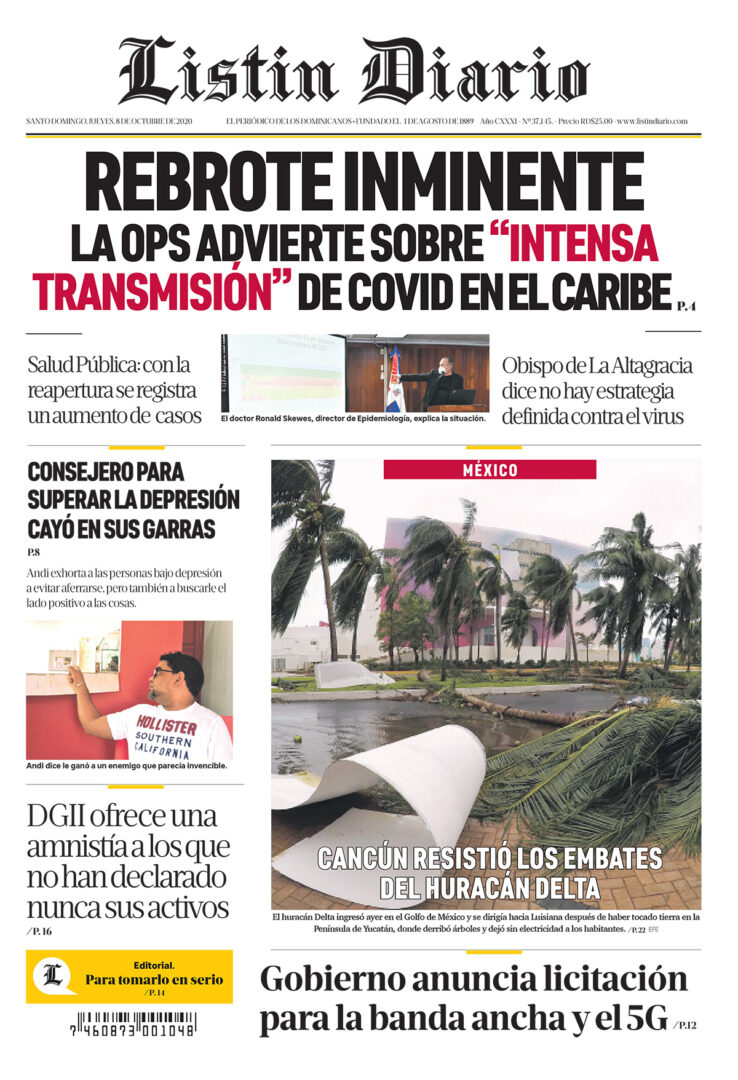 Portada Periódico El Caribe, Jueves 08 de Octubre, 2020