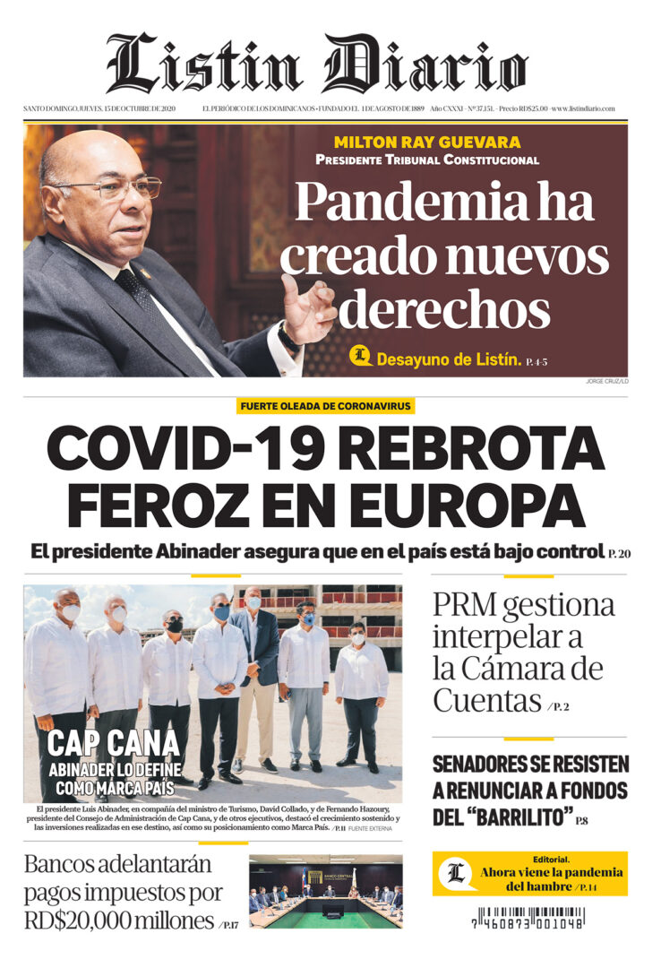 Portada Periódico Listín Diario, Jueves 15 de Octubre, 2020