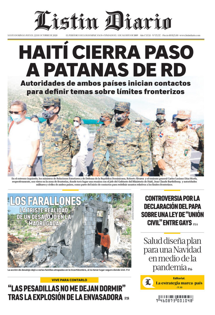 Portada Periódico Listín Diario, Jueves 22 de Octubre, 2020