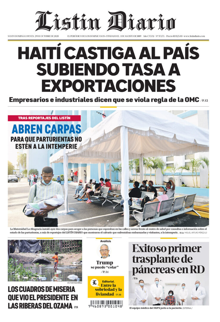 Portada Periódico Listín Diario, Jueves 29 de Octubre, 2020