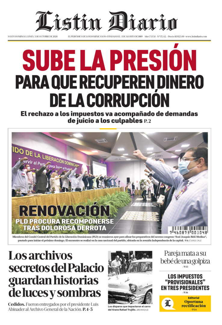 Portada Periódico Listín Diario, Lunes 05 de Octubre, 2020