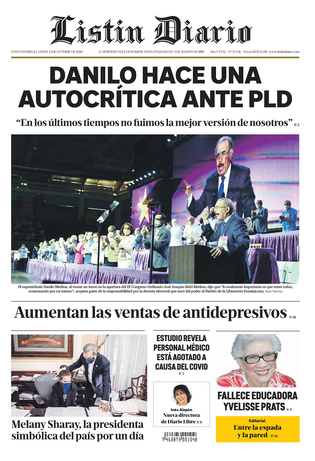 Portada Periódico Listín Diario, Lunes 12 de Octubre, 2020