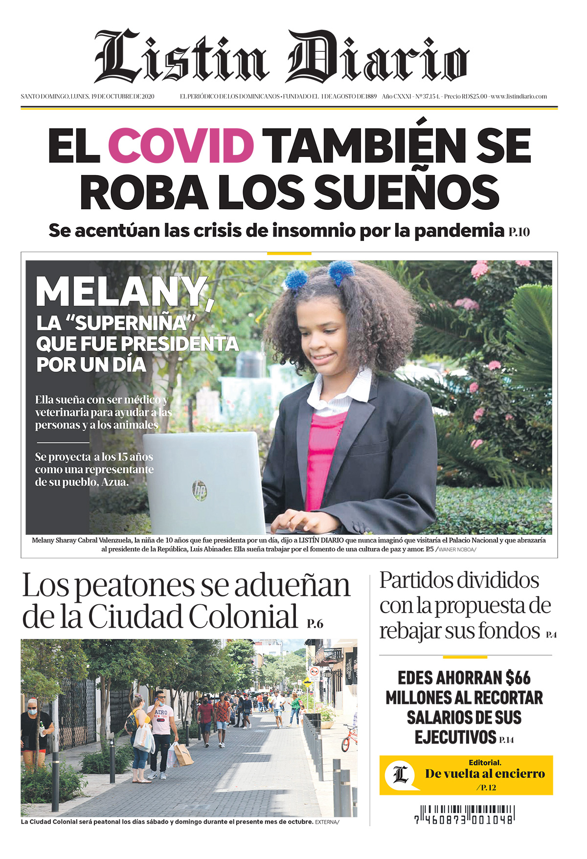 Portada Periódico Listín Diario, Lunes 19 de Octubre, 2020