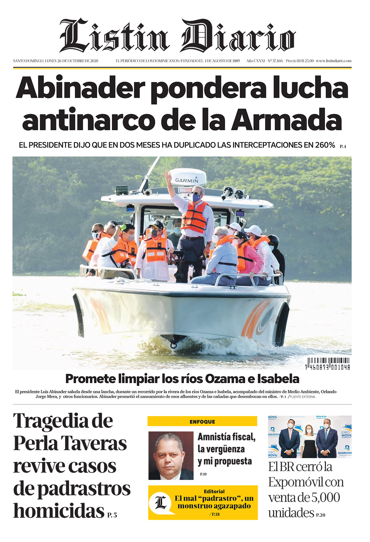 Portada Periódico Listín Diario, Lunes 26 de Octubre, 2020