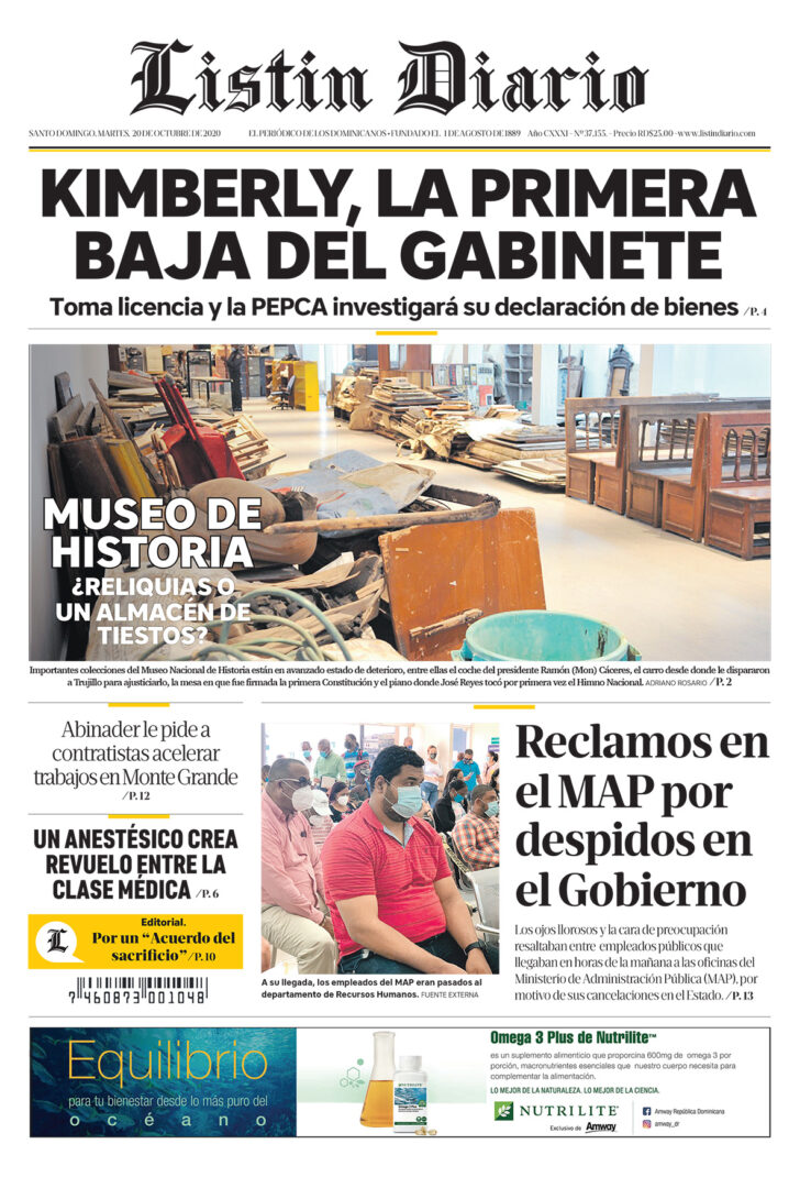 Portada Periódico Listín Diario, Martes 20 de Octubre, 2020