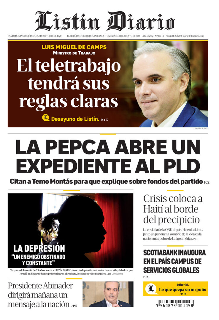 Portada Periódico Listín Diario, Miércoles 07 de Octubre, 2020