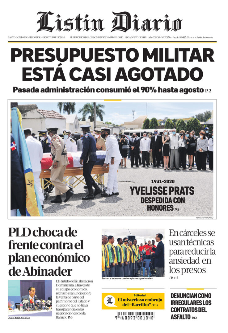 Portada Periódico Listín Diario, Miércoles 14 de Octubre, 2020
