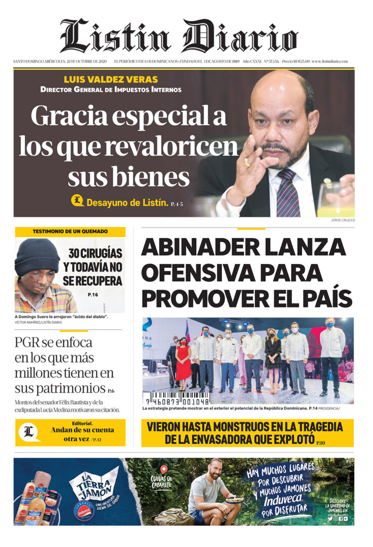 Portada Periódico Listín Diario, Miércoles 21 de Octubre, 2020