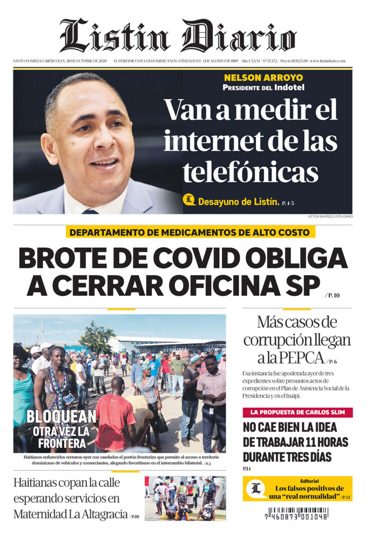 Portada Periódico Listín Diario, Miércoles 28 de Octubre, 2020