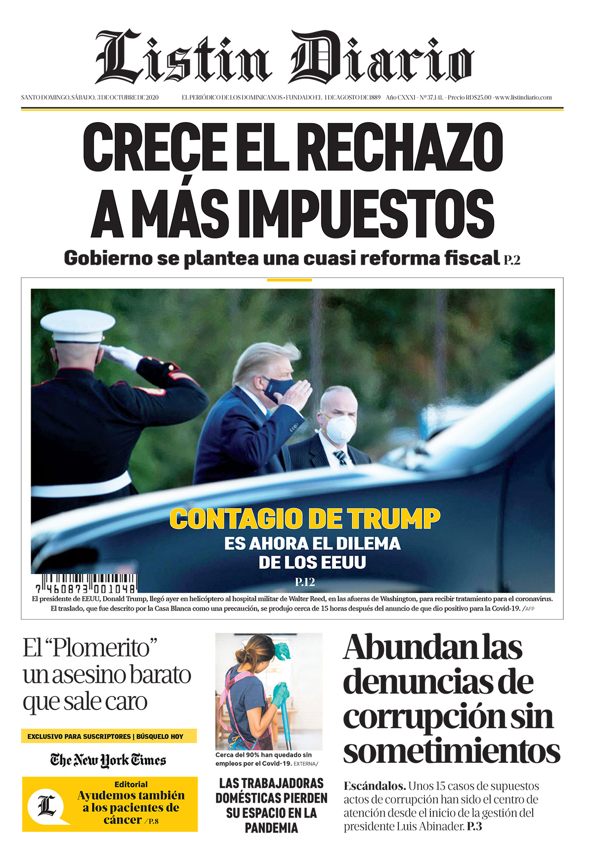 Portada Periódico Listín Diario, Sábado 03 de Octubre, 2020