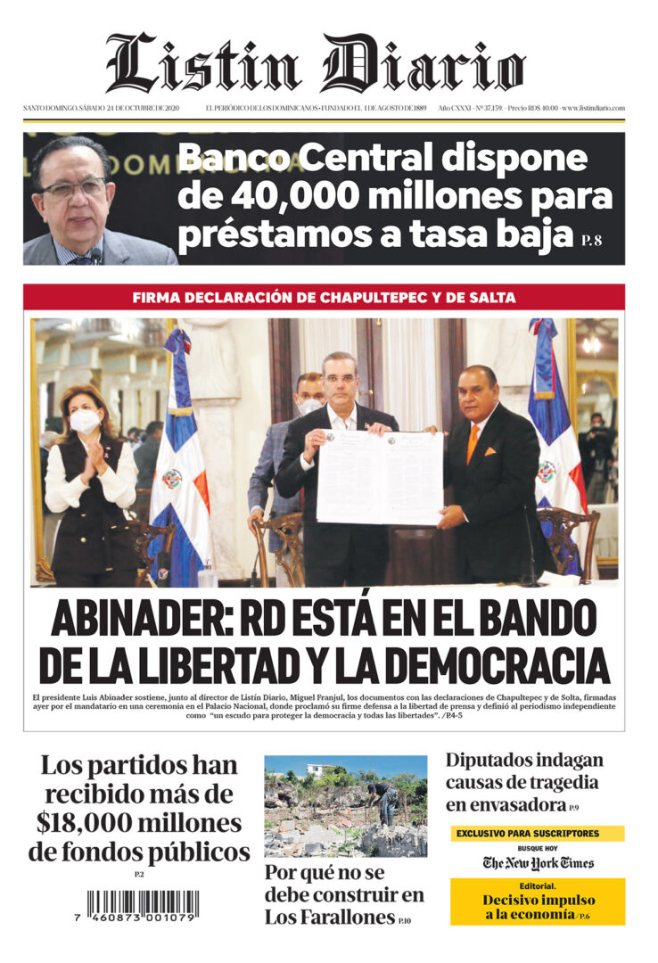 Portada Periódico Listín Diario, Sábado 24 de Octubre, 2020