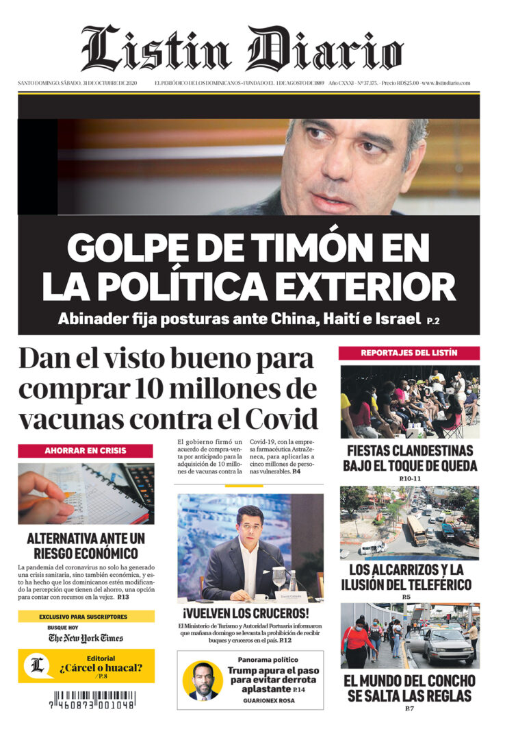 Portada Periódico Listín Diario, Sábado 31 de Octubre, 2020