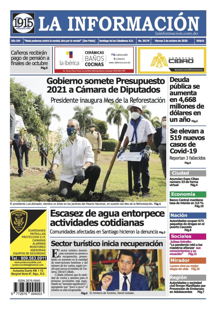 Portada Periódico Listín Diario – Sección L2, Viernes 02 de Octubre, 2020