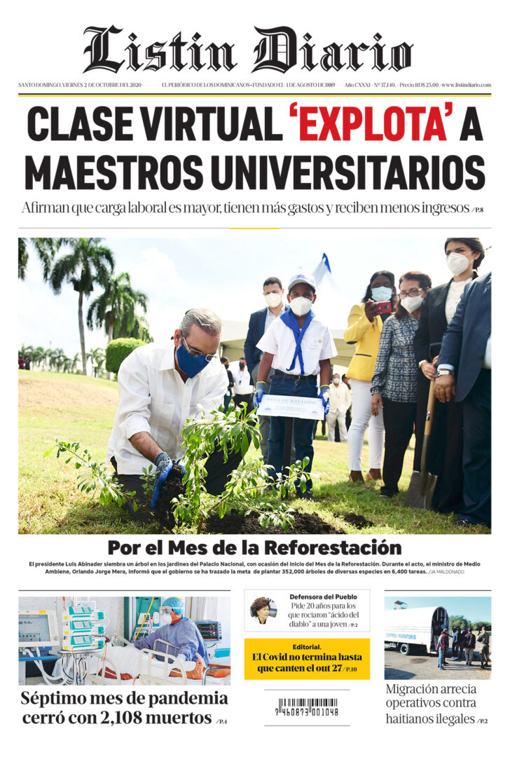 Portada Periódico Listín Diario, Viernes 02 de Octubre, 2020