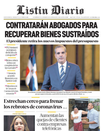 Portada Periódico Listín Diario, Viernes 09 de Octubre, 2020
