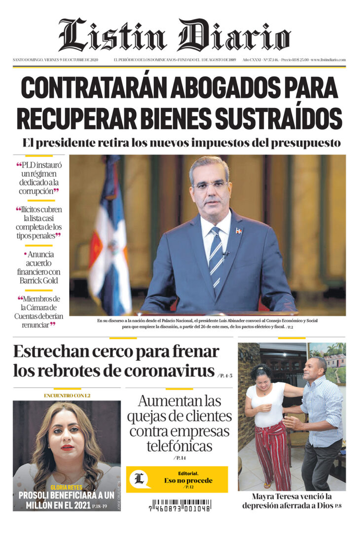Portada Periódico Listín Diario, Viernes 09 de Octubre, 2020