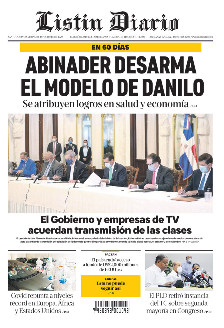 Portada Periódico Listín Diario, Viernes 16 de Octubre, 2020