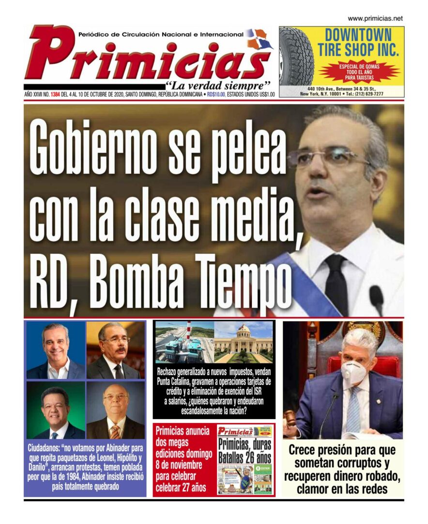 Portada Periódico Primicias, Lunes 05 de Octubre, 2020
