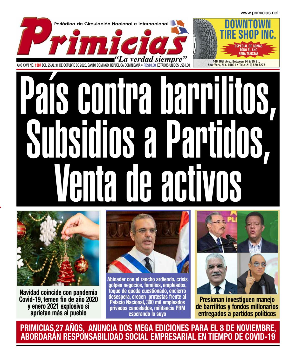 Portada Periódico Primicias, Lunes 26 de Octubre, 2020