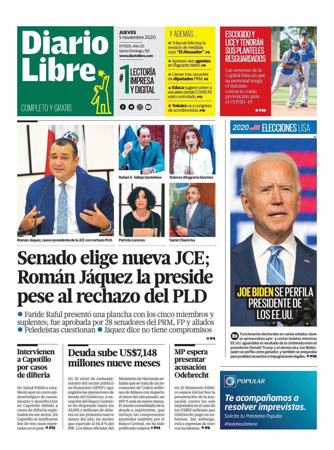 Portada Periódico Diario Libre, Jueves 05 de Noviembre, 2020