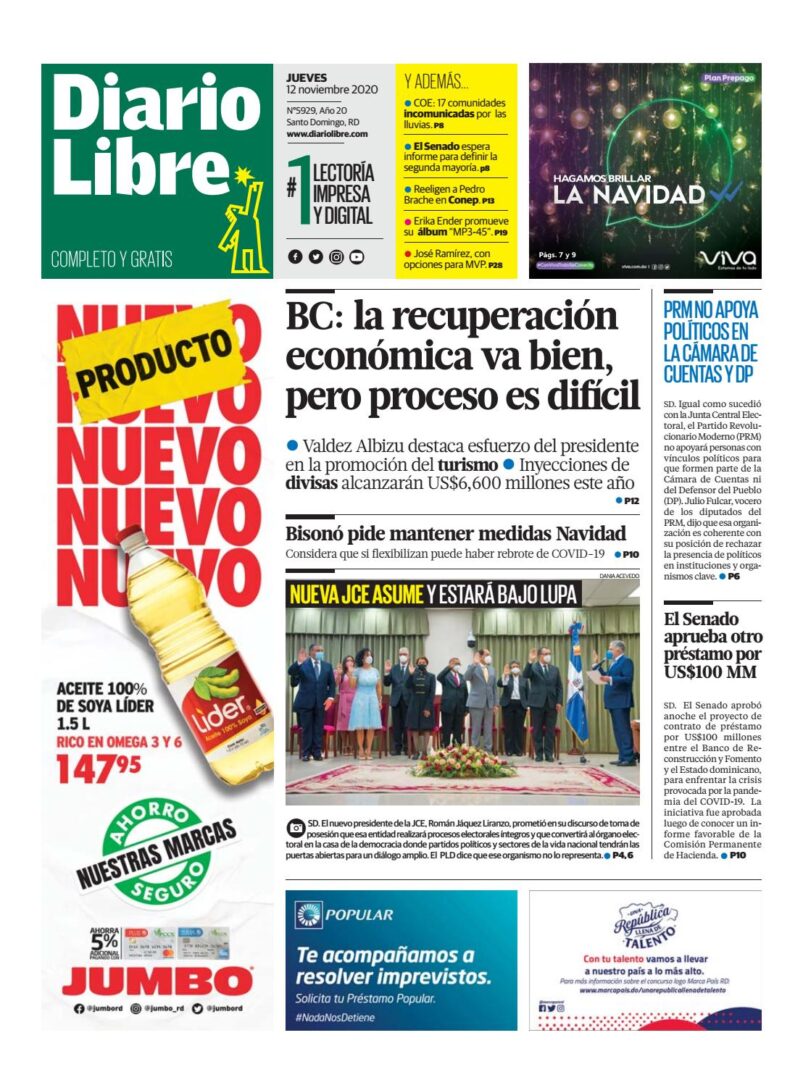 Portada Periódico Diario Libre, Jueves 12 de Noviembre, 2020