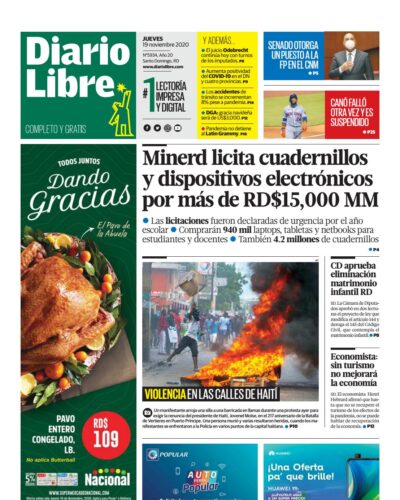 Portada Periódico Diario Libre, Jueves 19 de Noviembre, 2020