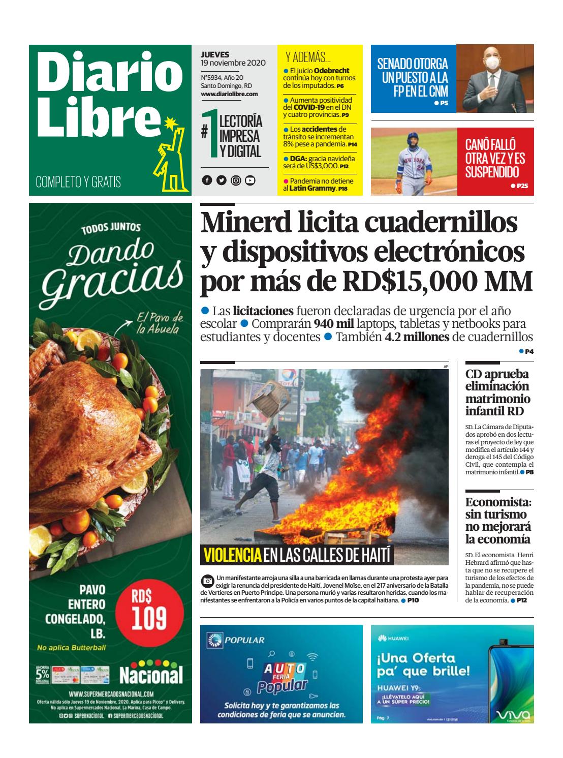 Portada Periódico Diario Libre, Jueves 19 de Noviembre, 2020