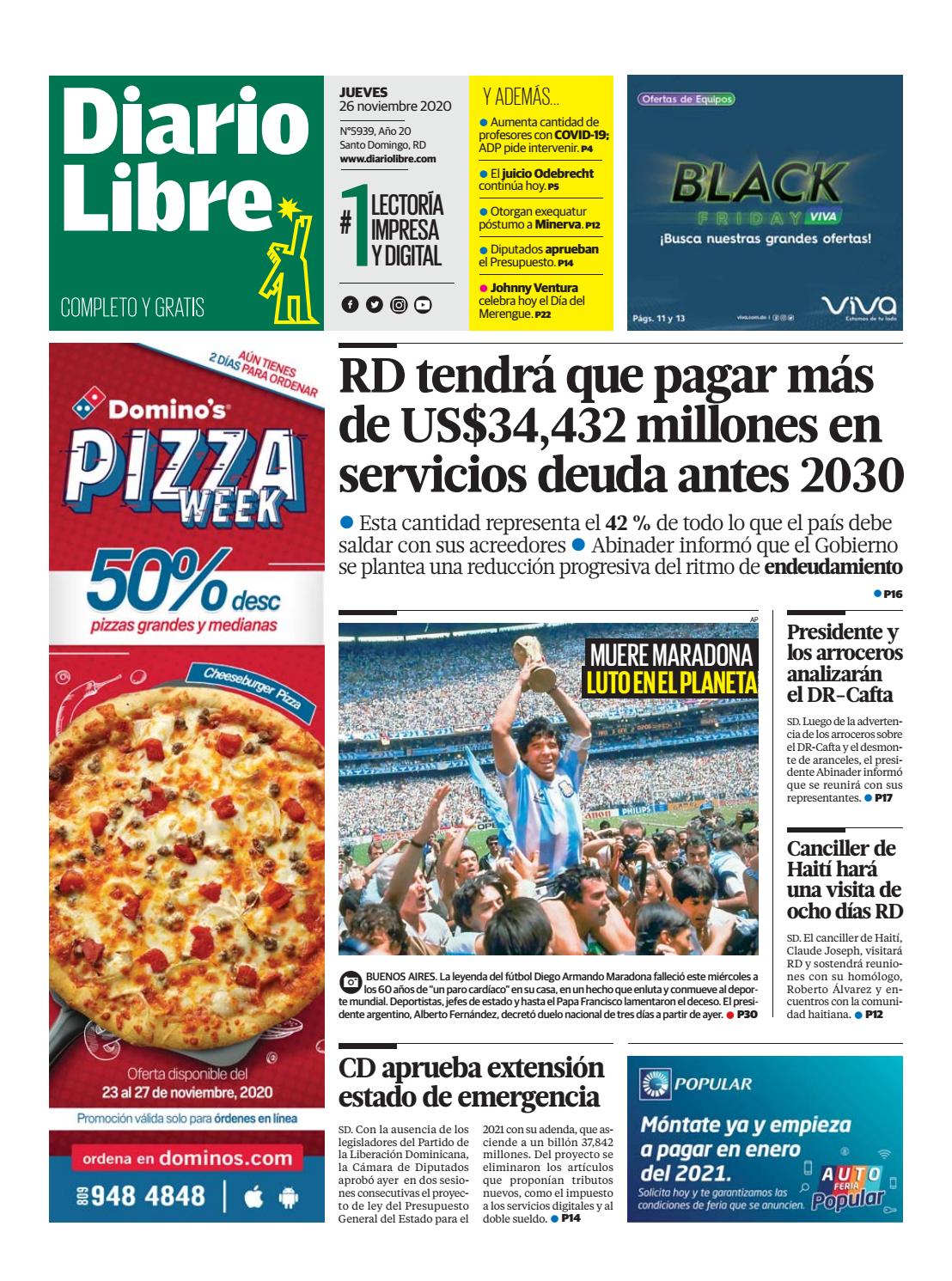 Portada Periódico Diario Libre, Jueves 26 de Noviembre, 2020