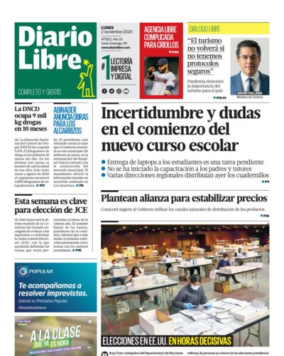 Portada Periódico Diario Libre, Lunes 02 de Noviembre, 2020