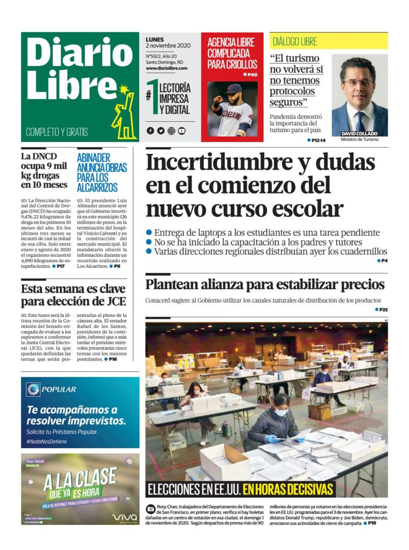 Portada Periódico Diario Libre, Lunes 02 de Noviembre, 2020