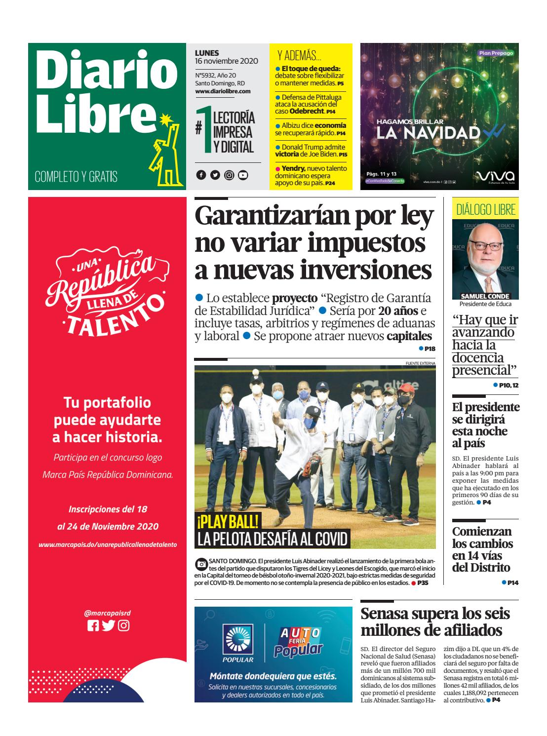 Portada Periódico Diario Libre, Lunes 16 de Noviembre, 2020