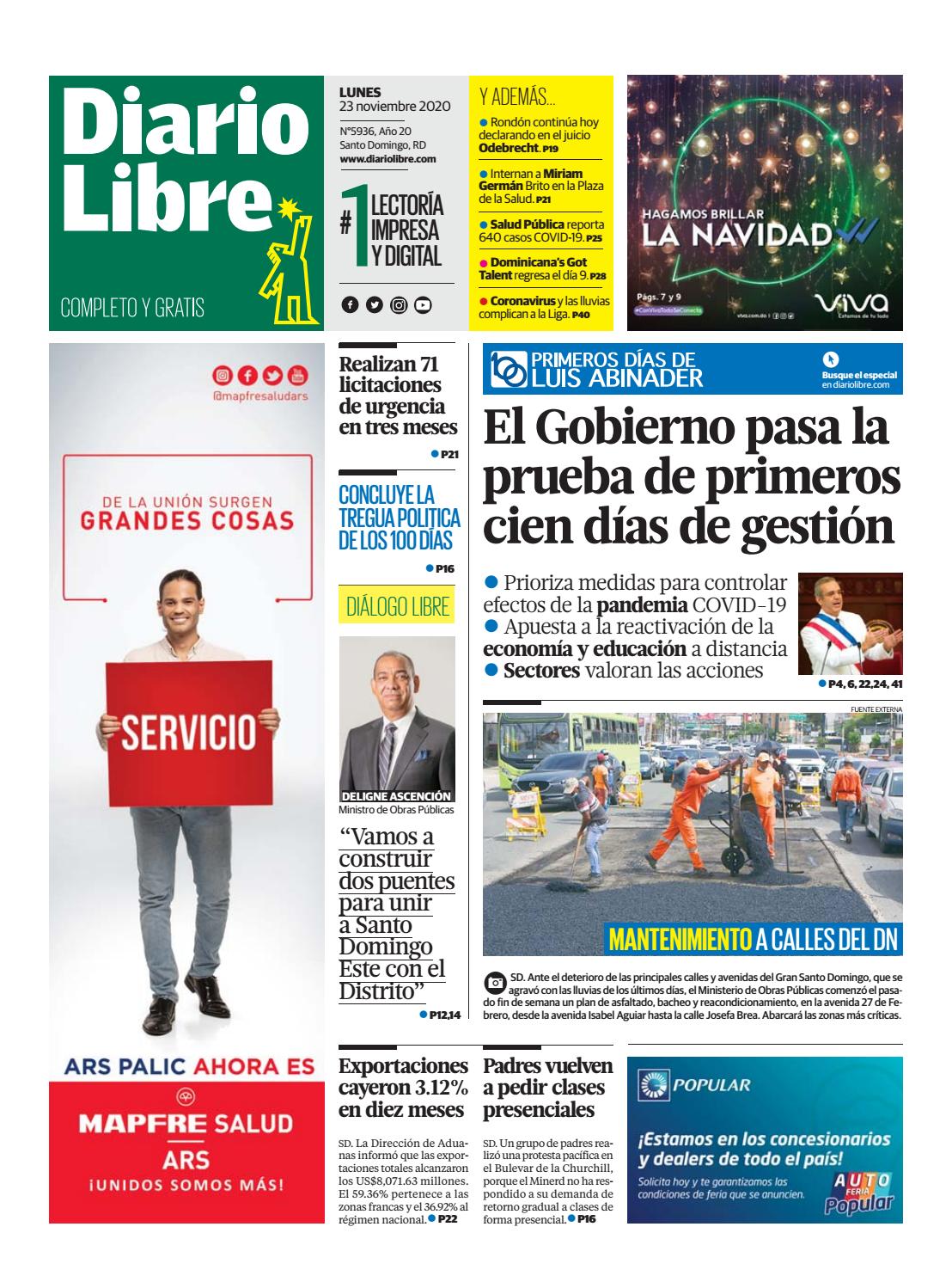 Portada Periódico Diario Libre, Lunes 23 de Noviembre, 2020