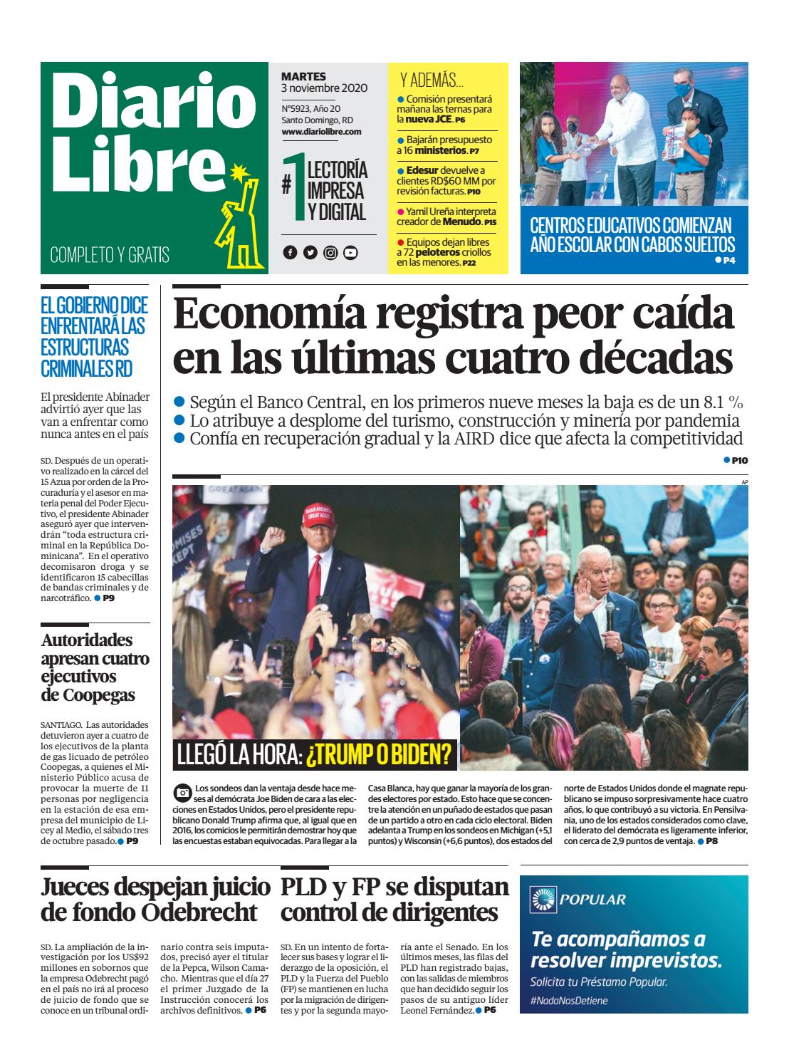 Portada Periódico Diario Libre, Martes 03 de Noviembre, 2020