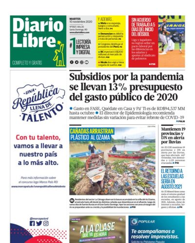 Portada Periódico Diario Libre, Martes 10 de Noviembre, 2020