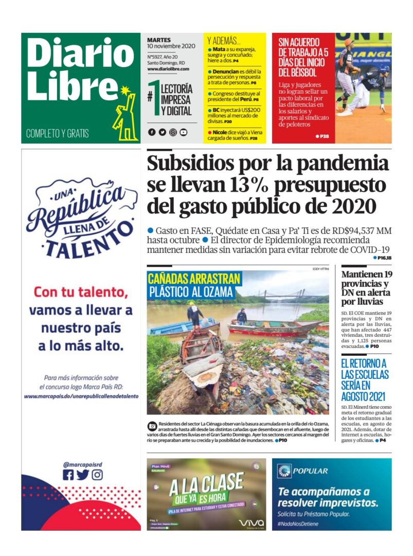 Portada Periódico Diario Libre, Martes 10 de Noviembre, 2020