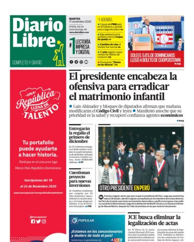 Portada Periódico Diario Libre, Martes 17 de Noviembre, 2020