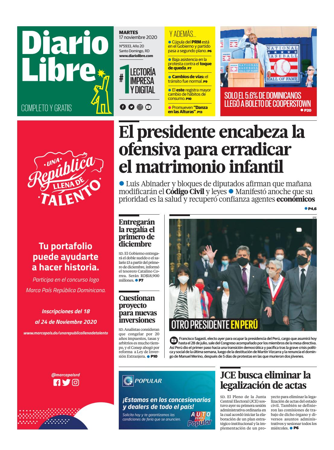 Portada Periódico Diario Libre, Martes 17 de Noviembre, 2020